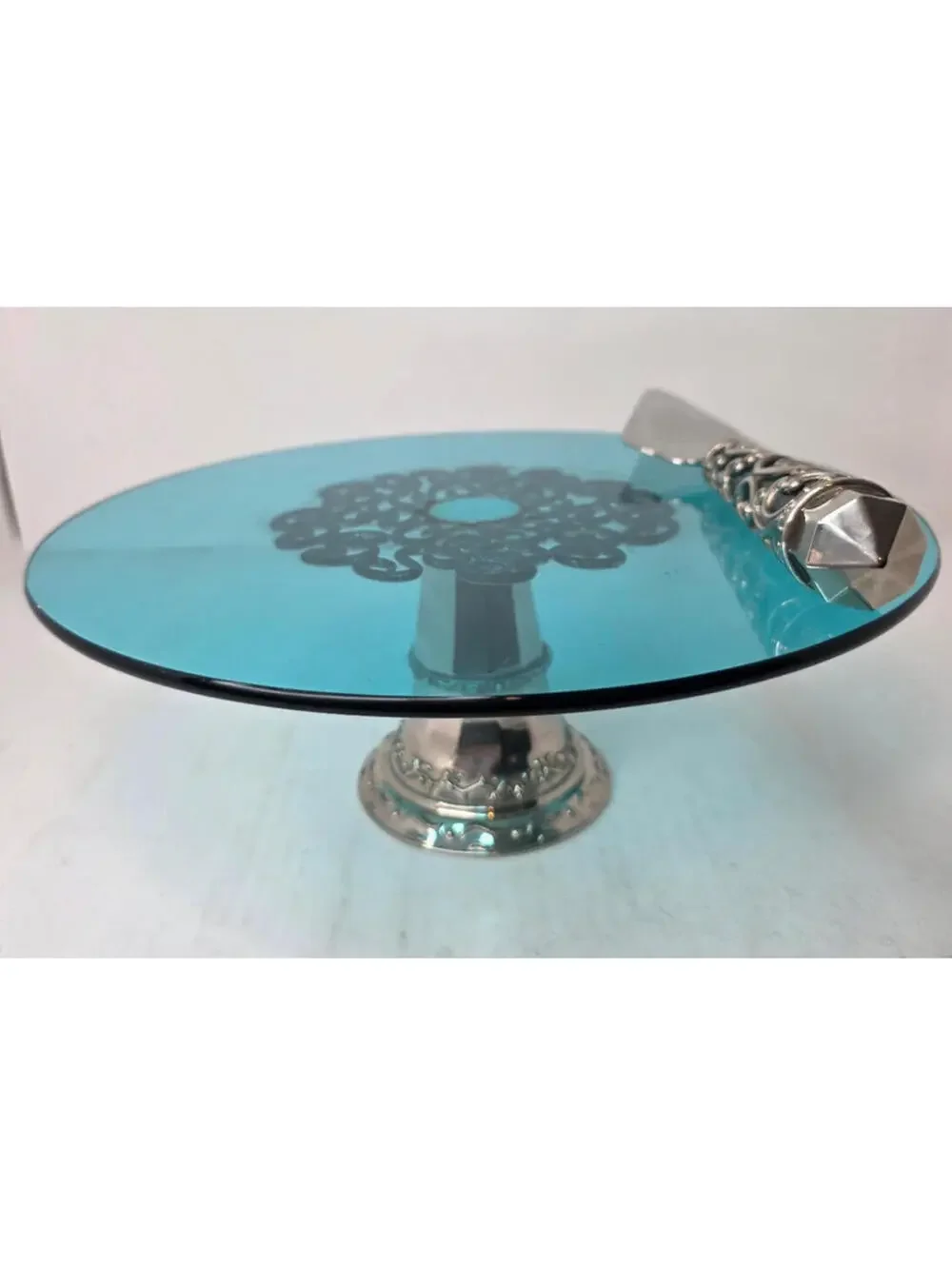 Cake Plate & Server Teal/Turquoise Blue & Silver Plated Glass